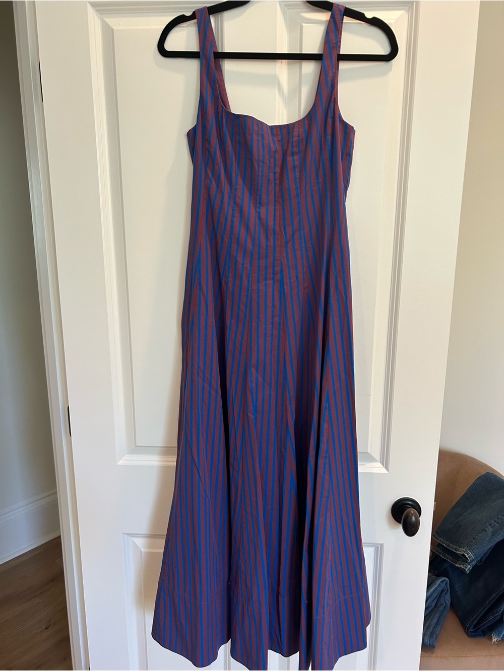 STAUD Blue and Red Vertical-Stripe Sleeveless Maxi Dress